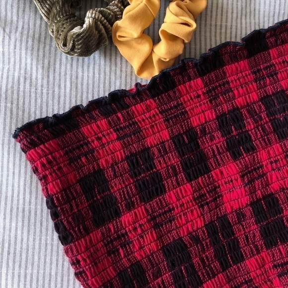 2/$25 Hollister smocked red & black plaid crop top - Picture 2 of 5